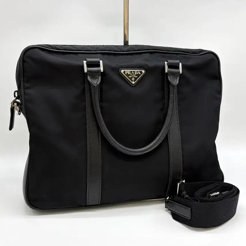 100% Authentic Prada Triangle Logo Nylon Saffiano Briefcase Tote Bag Black