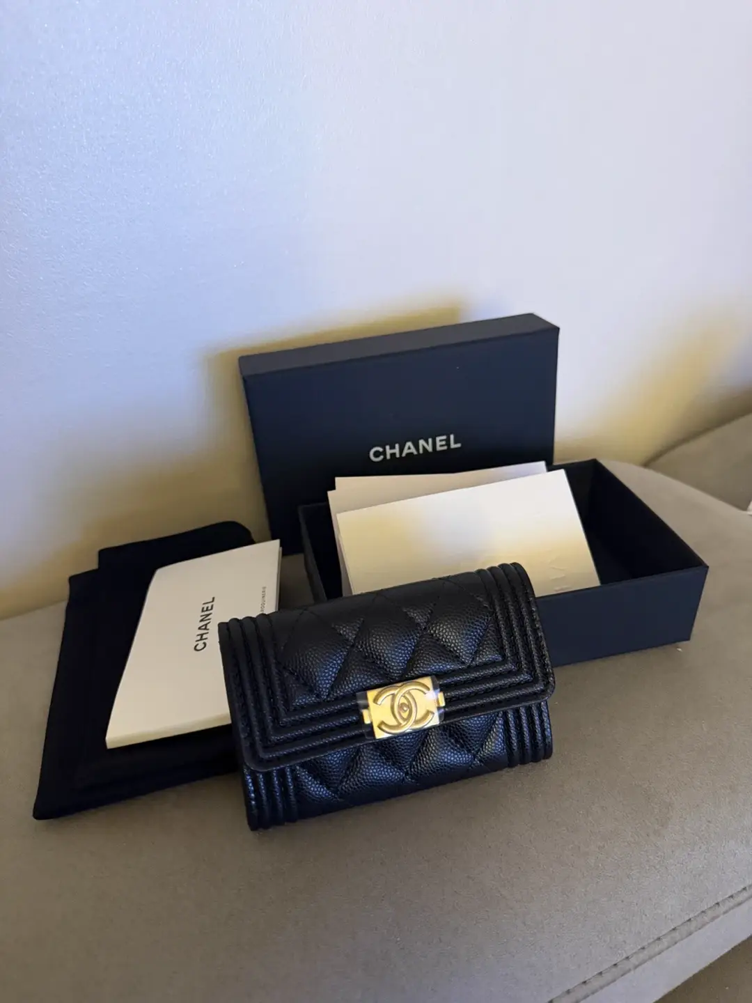Brand new Chanel Boy Card Wallet Black Gold Hardware
