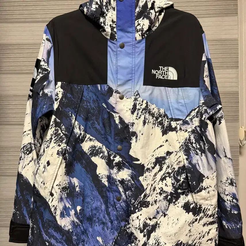 Áo khoác L Supreme x The North Face 17FW Mountain Parka màu xanh dương và trắng.